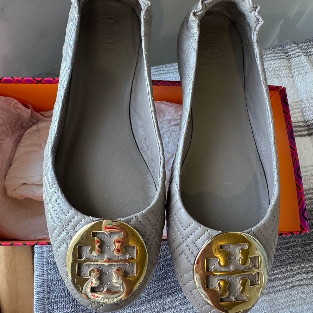 Tory Burch Quilted Flats with Gold Accents